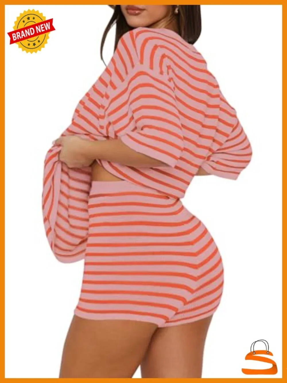 Women's 2 Piece Summer Lounge Set Striped Short Sleeve Top & Shorts